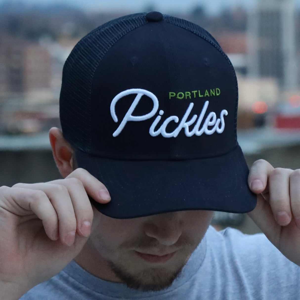 Official League Pickles Script Trucker Hat - Portland Pickles Baseball