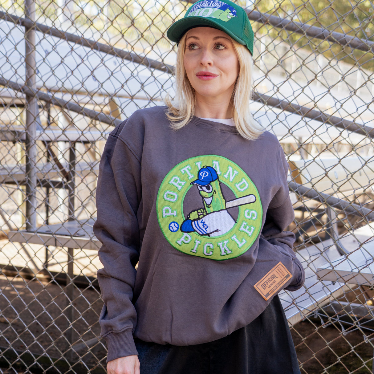 Official League x Portland Pickles Batting Dillon Grey Embroidered Crewneck
