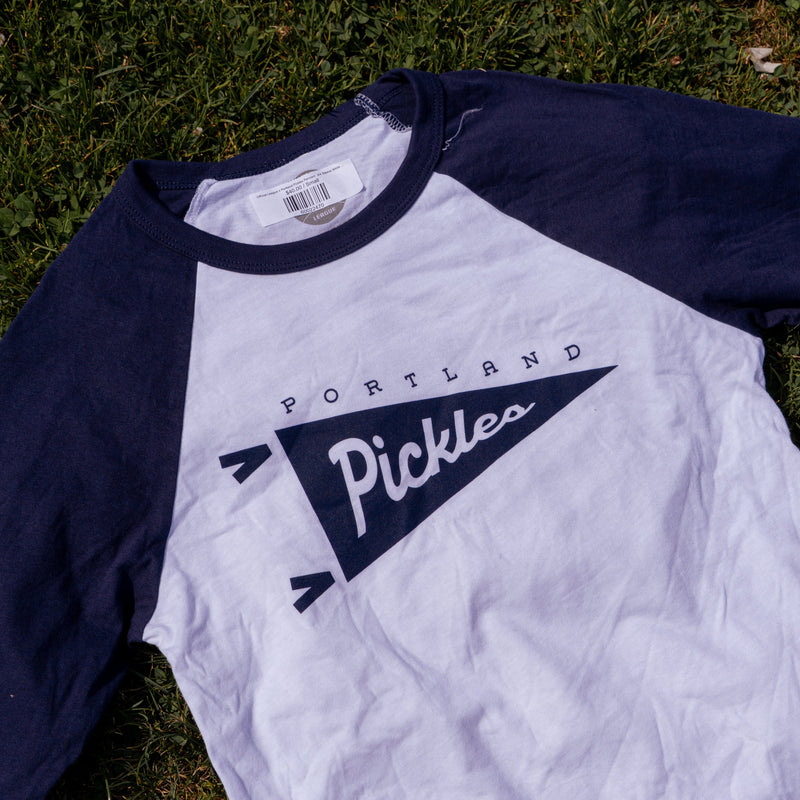 Official League x Portland Pickles Pennant  3/4 Sleeve White & Navy Tee