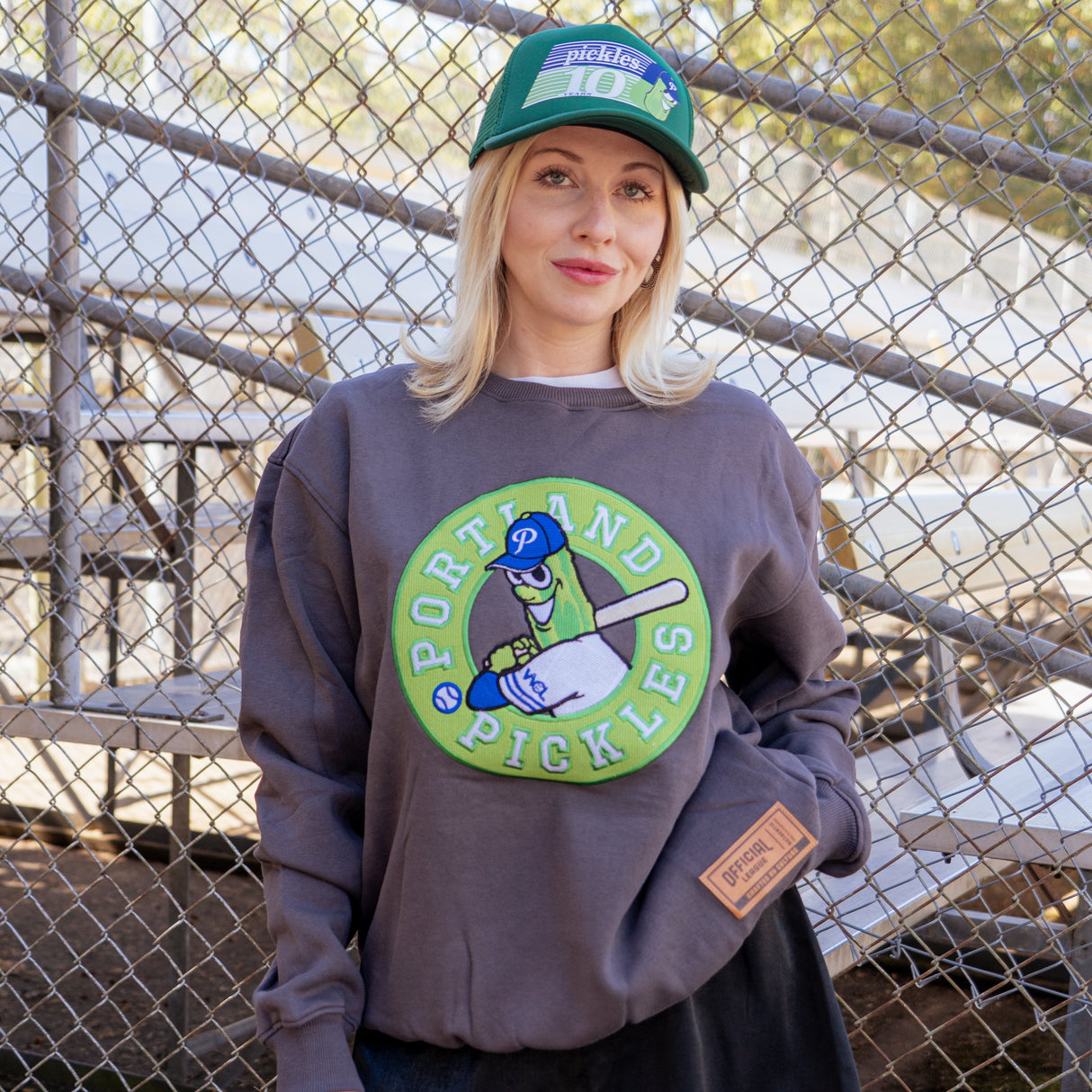 Official League x Portland Pickles Batting Dillon Grey Embroidered Crewneck