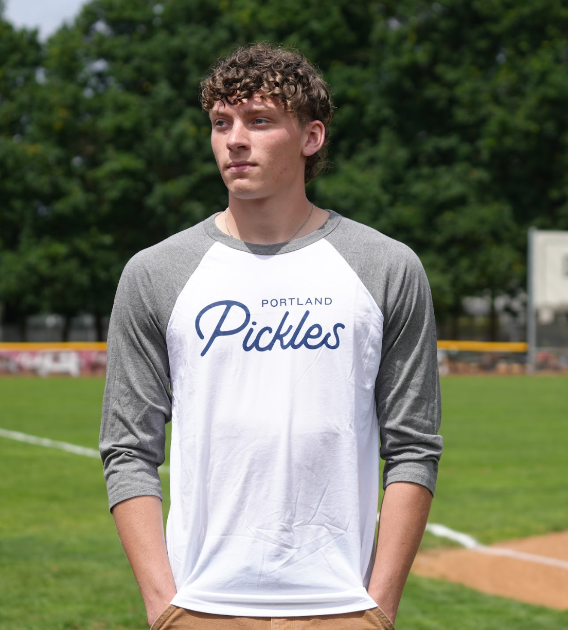 AS IS Official League x Portland Pickles Script 3/4 Sleeve White & Heather Grey Tee