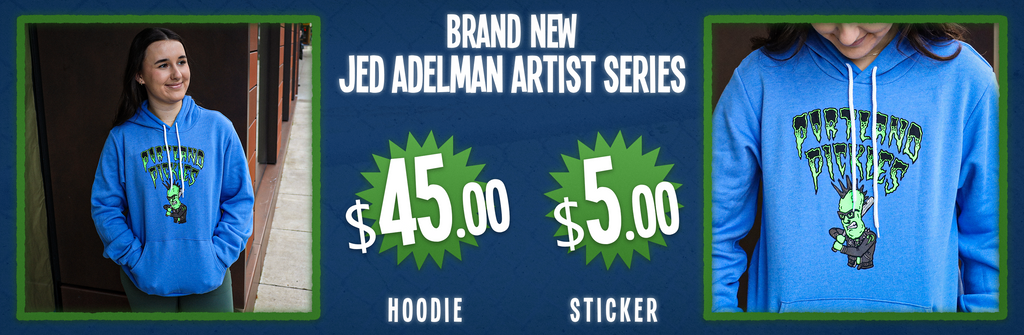 Brand new Jed Adelman Artist Series. Hoodies are $45.00, stickers are $5.00. 