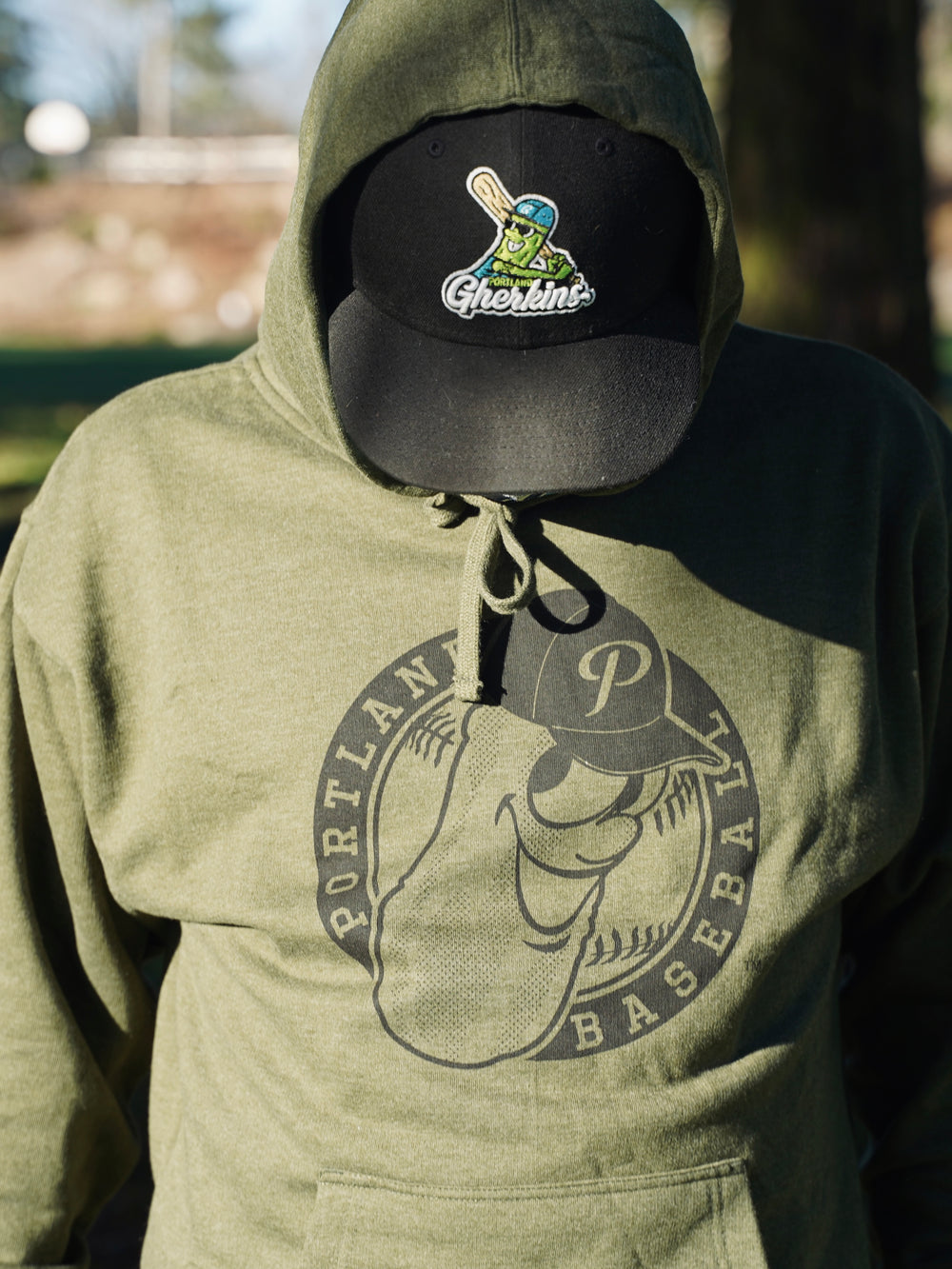 Green Hooded Sweatshirt with Low Profile Badge Logo - Portland Pickles Baseball
