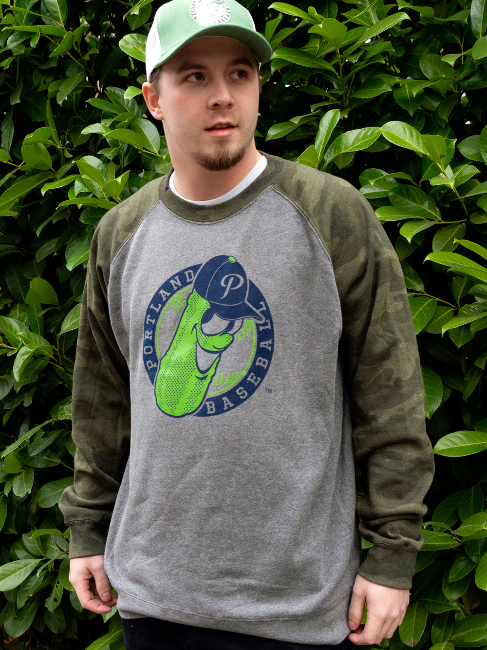 Two Tone Badge Raglan Crew Nickel/Forest Camo - Portland Pickles Baseball