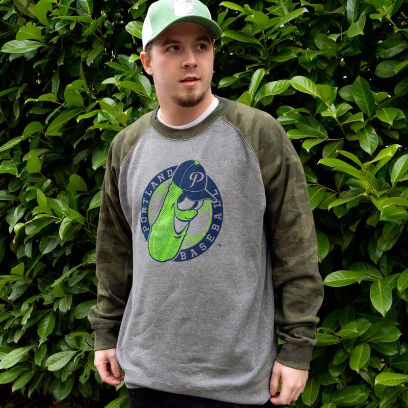 Two Tone Badge Raglan Crew Nickel/Forest Camo - Portland Pickles Baseball