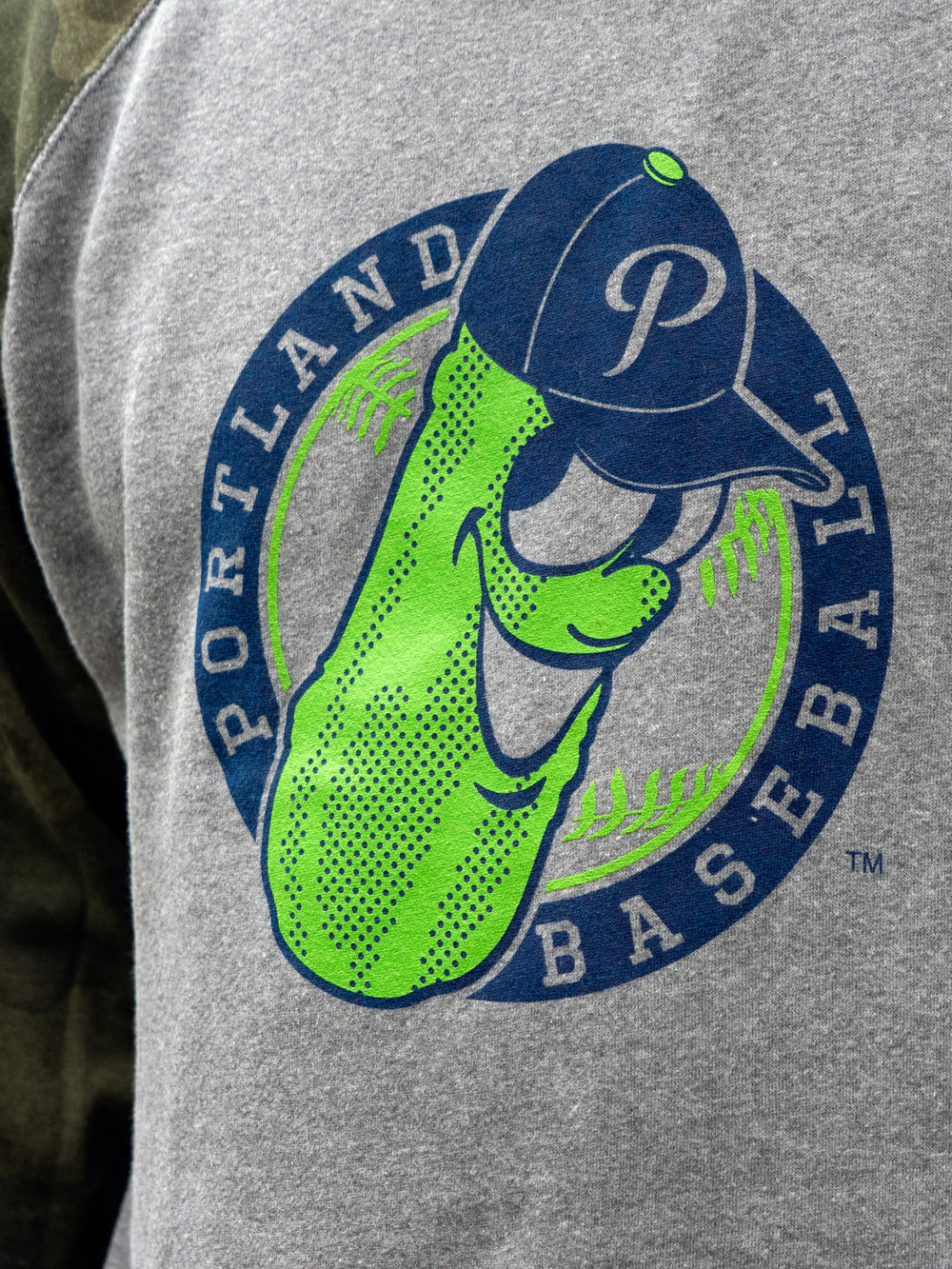 Two Tone Badge Raglan Crew Nickel/Forest Camo - Portland Pickles Baseball