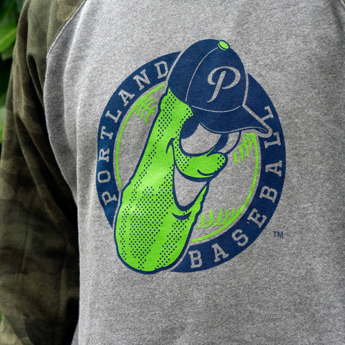 Two Tone Badge Raglan Crew Nickel/Forest Camo - Portland Pickles Baseball