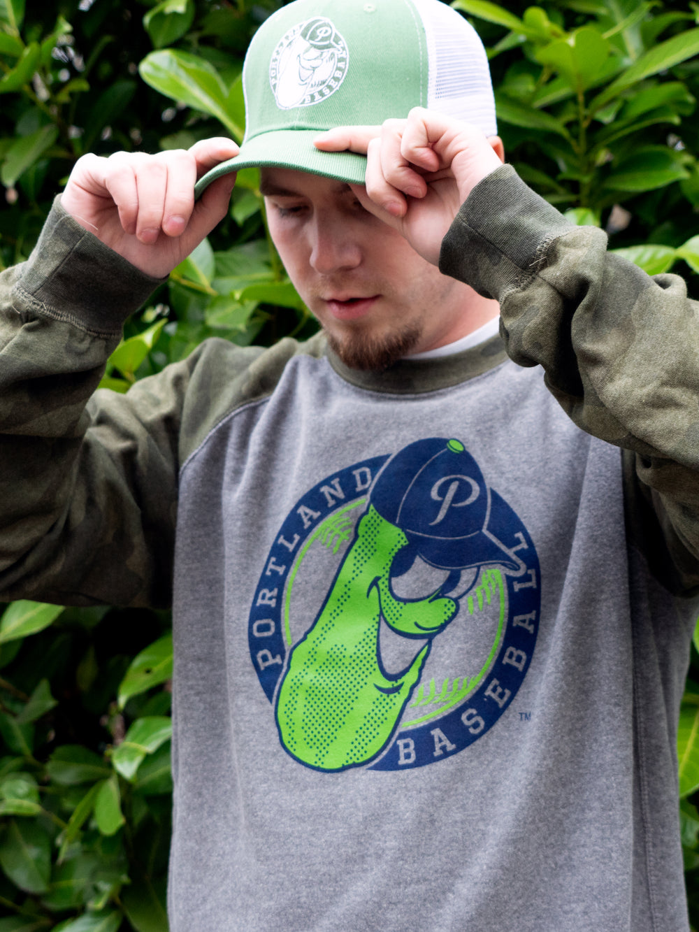 Two Tone Badge Raglan Crew Nickel/Forest Camo - Portland Pickles Baseball