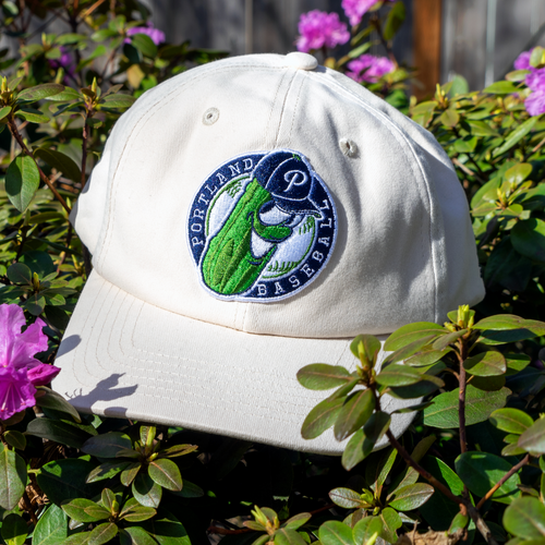 Official League Pickles Two Tone Badge Tan Dad Hat - Portland Pickles Baseball