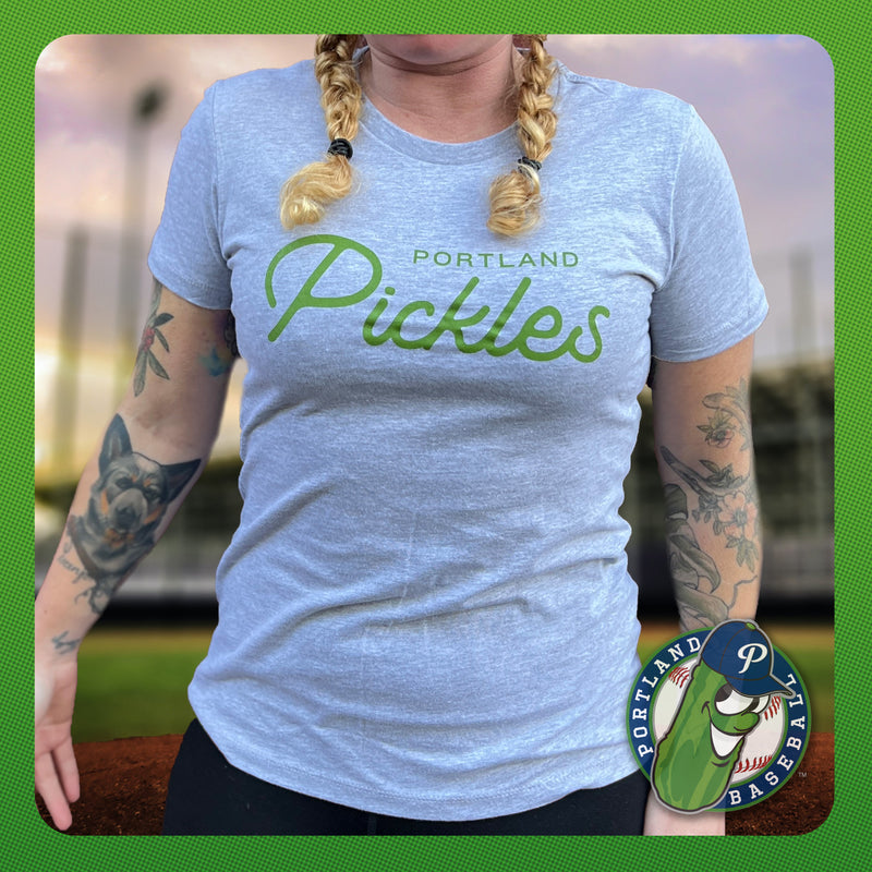 Women's Cut Pickles Script T-shirt - Portland Pickles Baseball