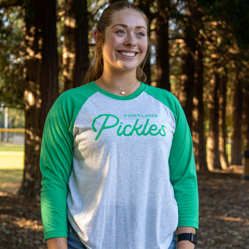 Pickles Script Baseball Shirt Kelly Green and Grey - Portland Pickles Baseball